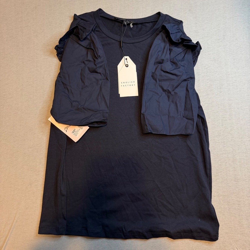 English‎ Factory Navy Knit and Poplin Ruffle Sleeve Top Mixed Media Small NWT